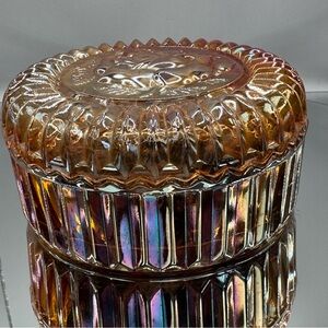 Jeannette Marigold Iridescent Carnival Glass Rose Pattern Mystery Jewelry Jar